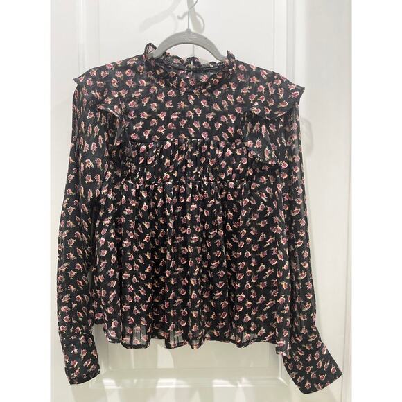 SCOTCH & SODA Floaty Ruffled Black Long Sleeve Floral Top Sz S - Picture 2 of 9